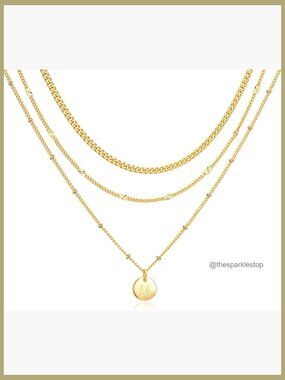 3 Pcs Layered Initial Necklace Set 14K Gold Plated Stack Cuban Chain Pendant